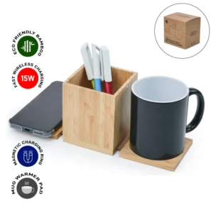 Foldable Bamboo Fast Wireless Charging Pad 15W with Mug Warmer and Pen Holder