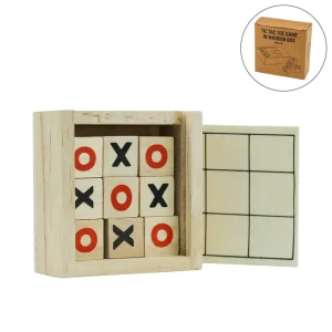 Tic-Tac-Toe Wooden Board Game with Slide Storage Box – 9 Wooden Cubes